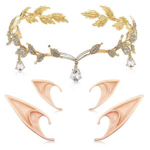 Gold Laurel Tiara Crown Headband - Red Green Clear Iridescent Stones + Elf Ears